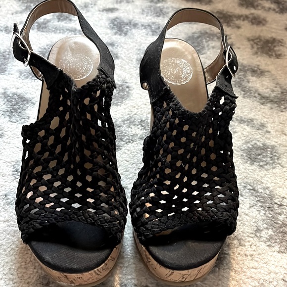 SO Wedge Crochet Cork Heel Black Sandal sz 7M - Picture 1 of 7
